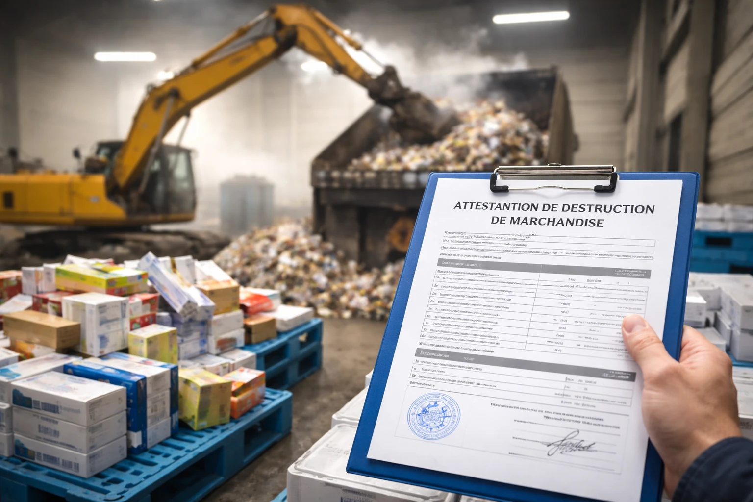 Attestation de destruction de marchandise signée après destruction de produits non conformes dans un centre de traitement