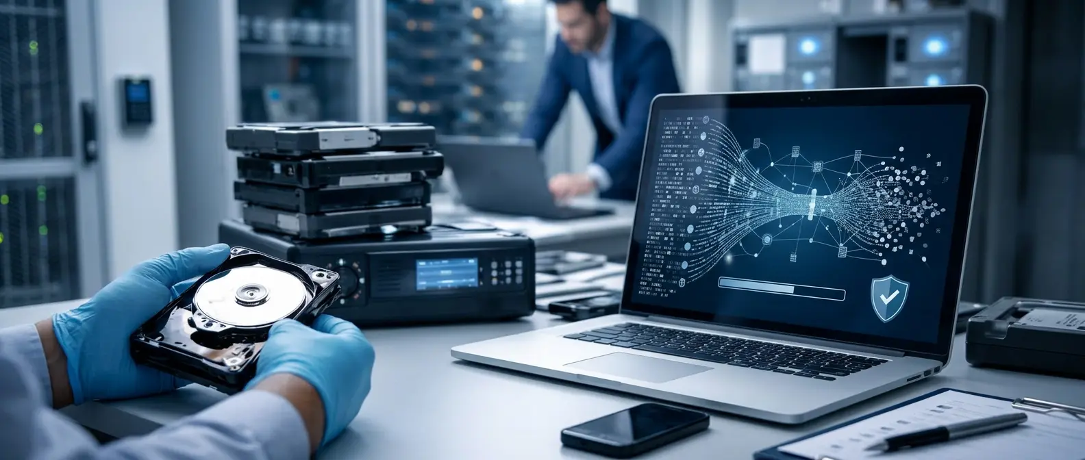 Technicien tenant un disque dur lors d'une opération d'effacement des données en entreprise