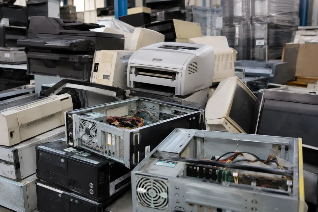 Stock de déchets DEEE composé d’ordinateurs et d’imprimantes usagés