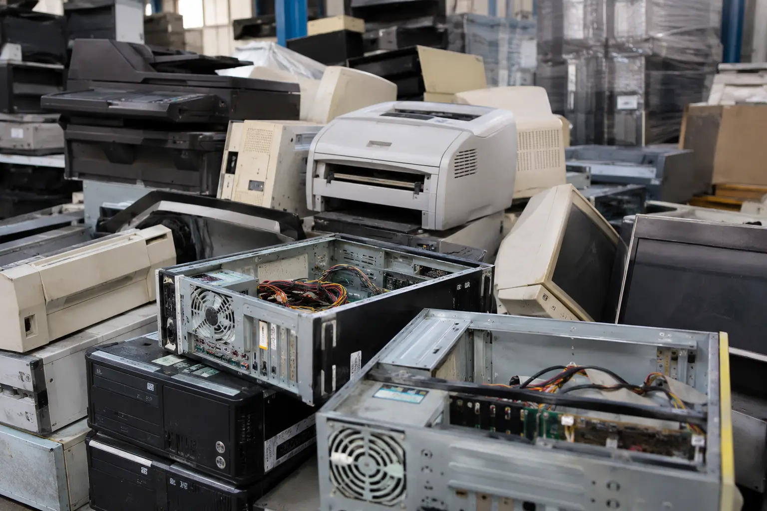 Stock de déchets DEEE composé d’ordinateurs et d’imprimantes usagés