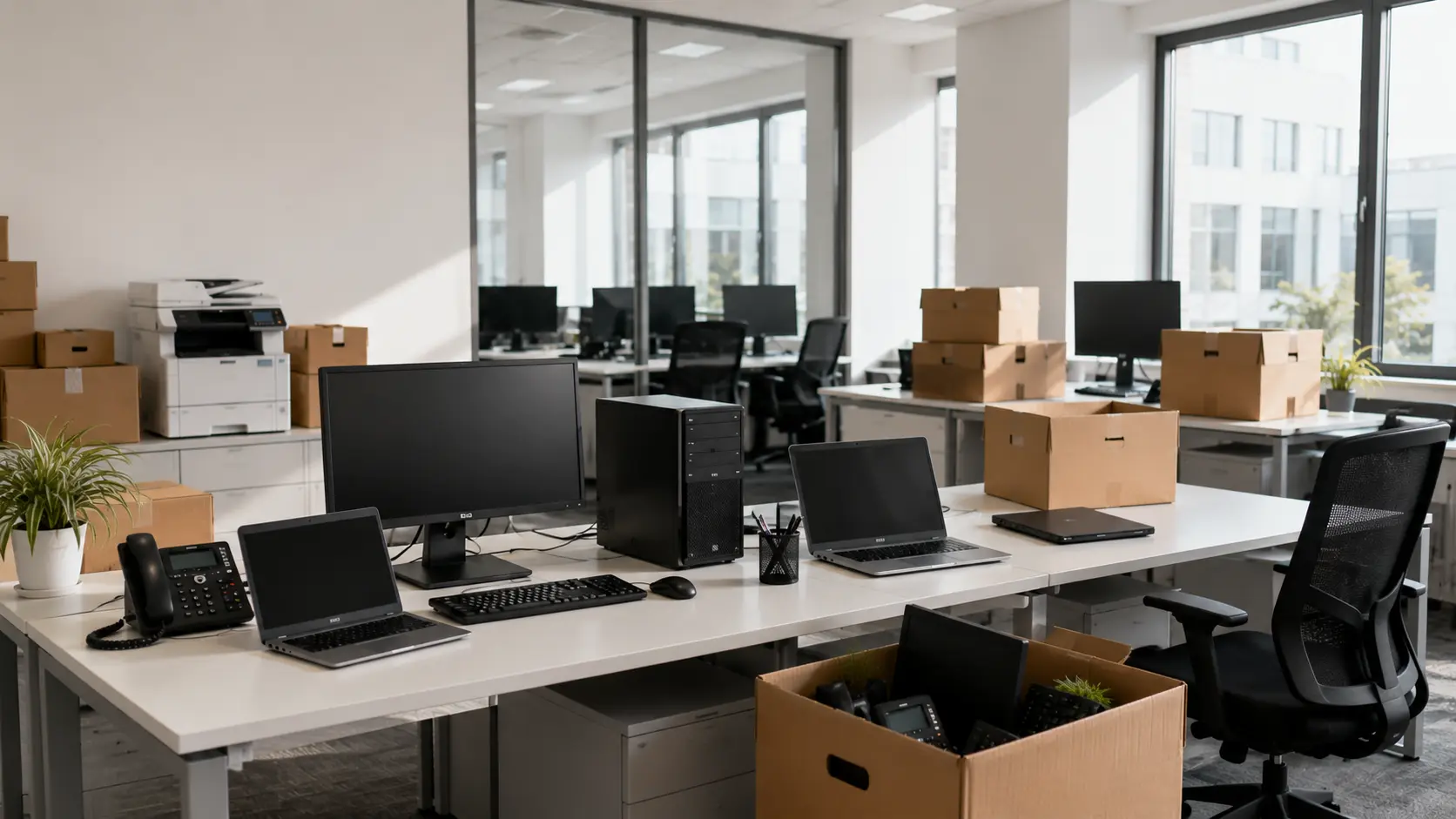 DEEE fermeture entreprise dans un bureau avec équipements informatiques à traiter