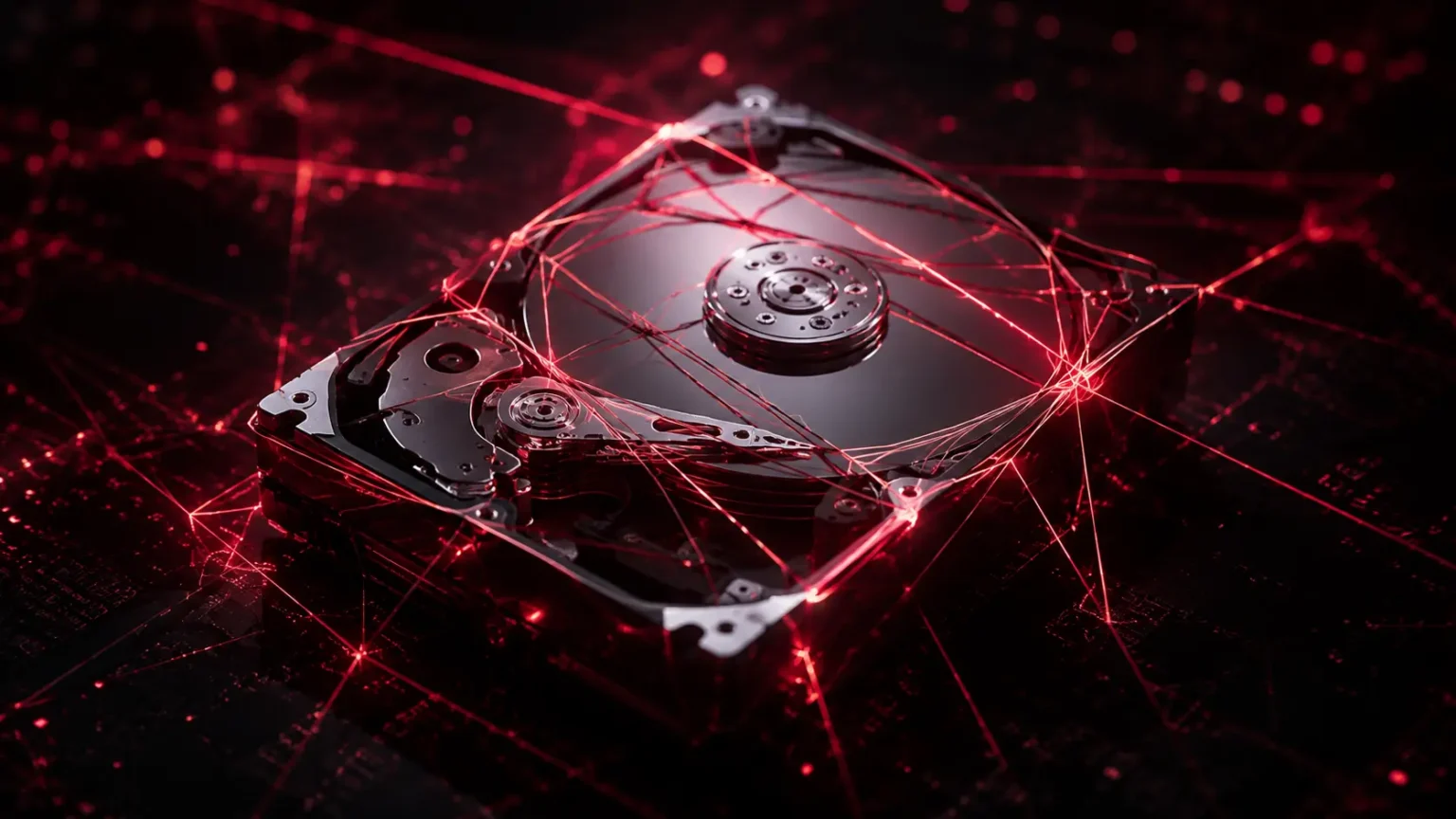 Destruction disques durs illustrée par un disque dur exposé dans un environnement de cyberattaque