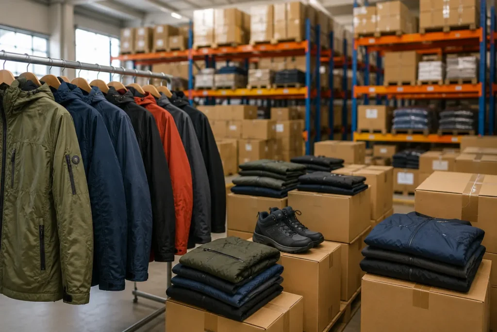 PFAS textiles 2026 avec vêtements techniques et stocks en entrepôt