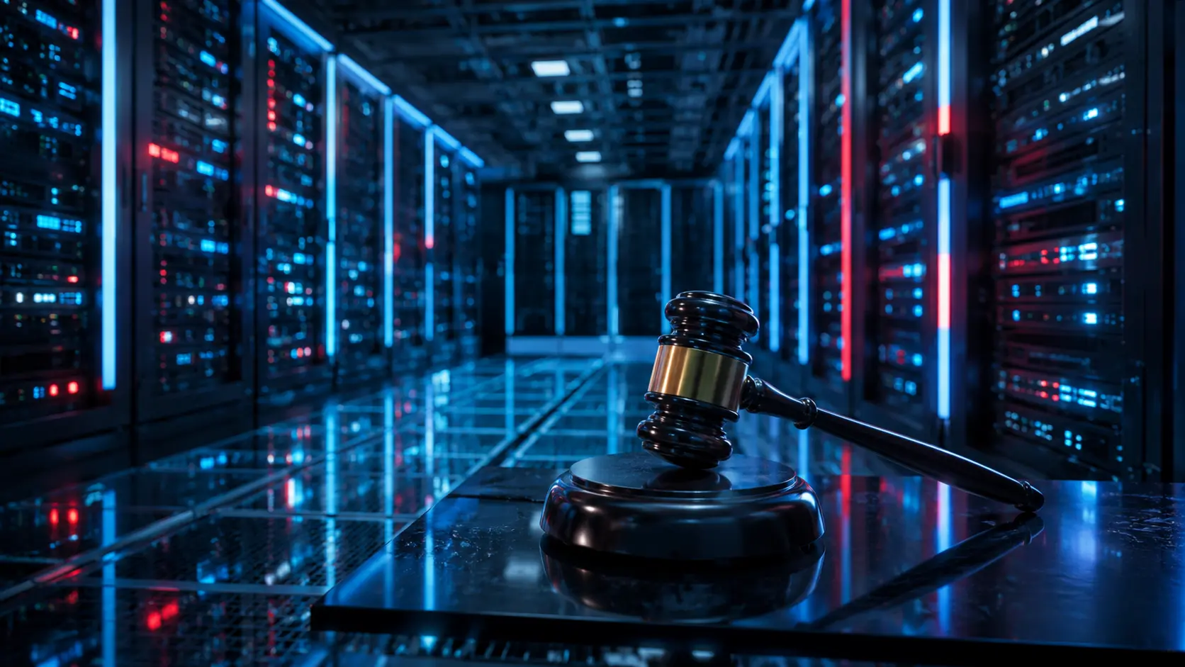 Marteau de justice devant des serveurs illustrant les obligations DEEE data center