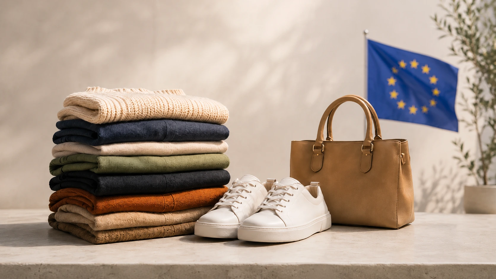 Produits textiles avec drapeau européen pour illustrer ESPR textiles PME