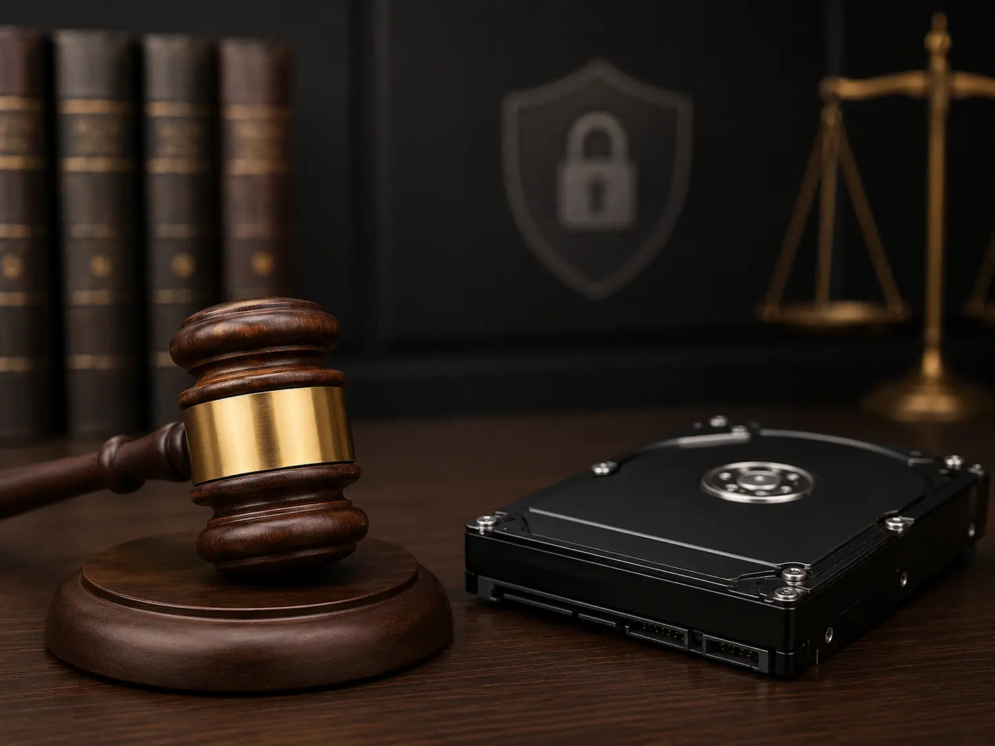 Marteau de justice et disque dur illustrant les obligations légales d’effacement des données