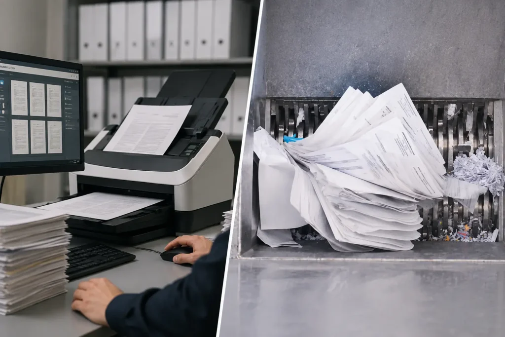 Destruction archives papier après numérisation avec broyeur