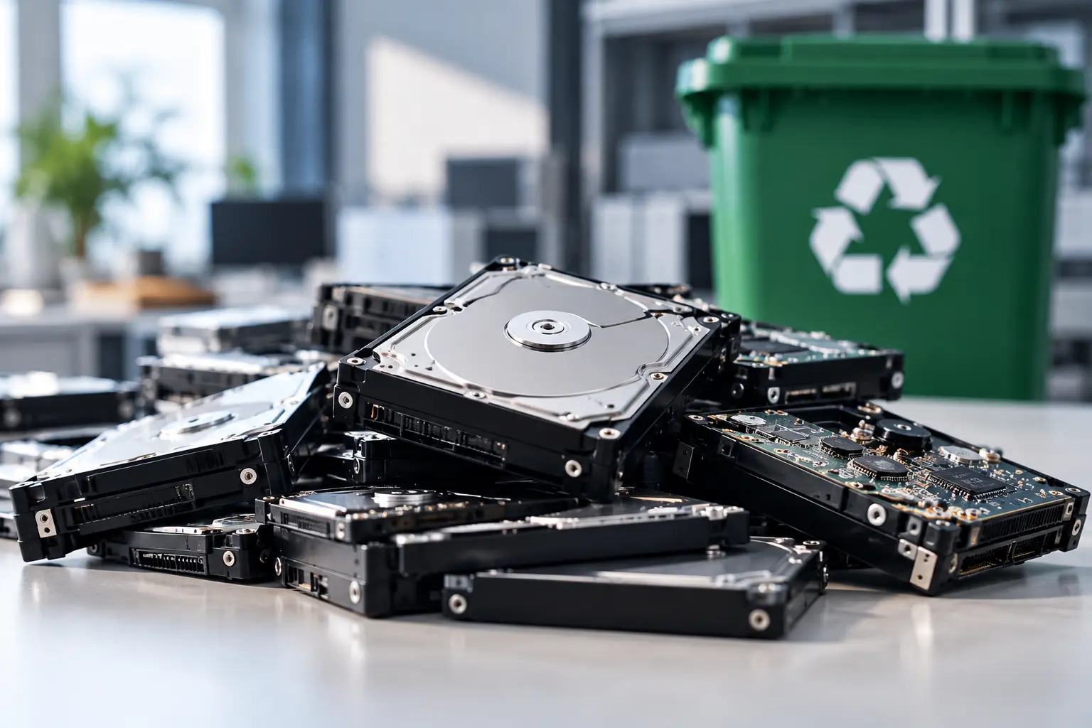 Disques durs professionnels avant destruction sécurisée et recyclage